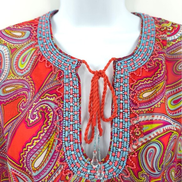 Antonio Melani Beaded Peasant Top Paisley Print Tassels Boho Cinch Waist NWT - Picture 3 of 14